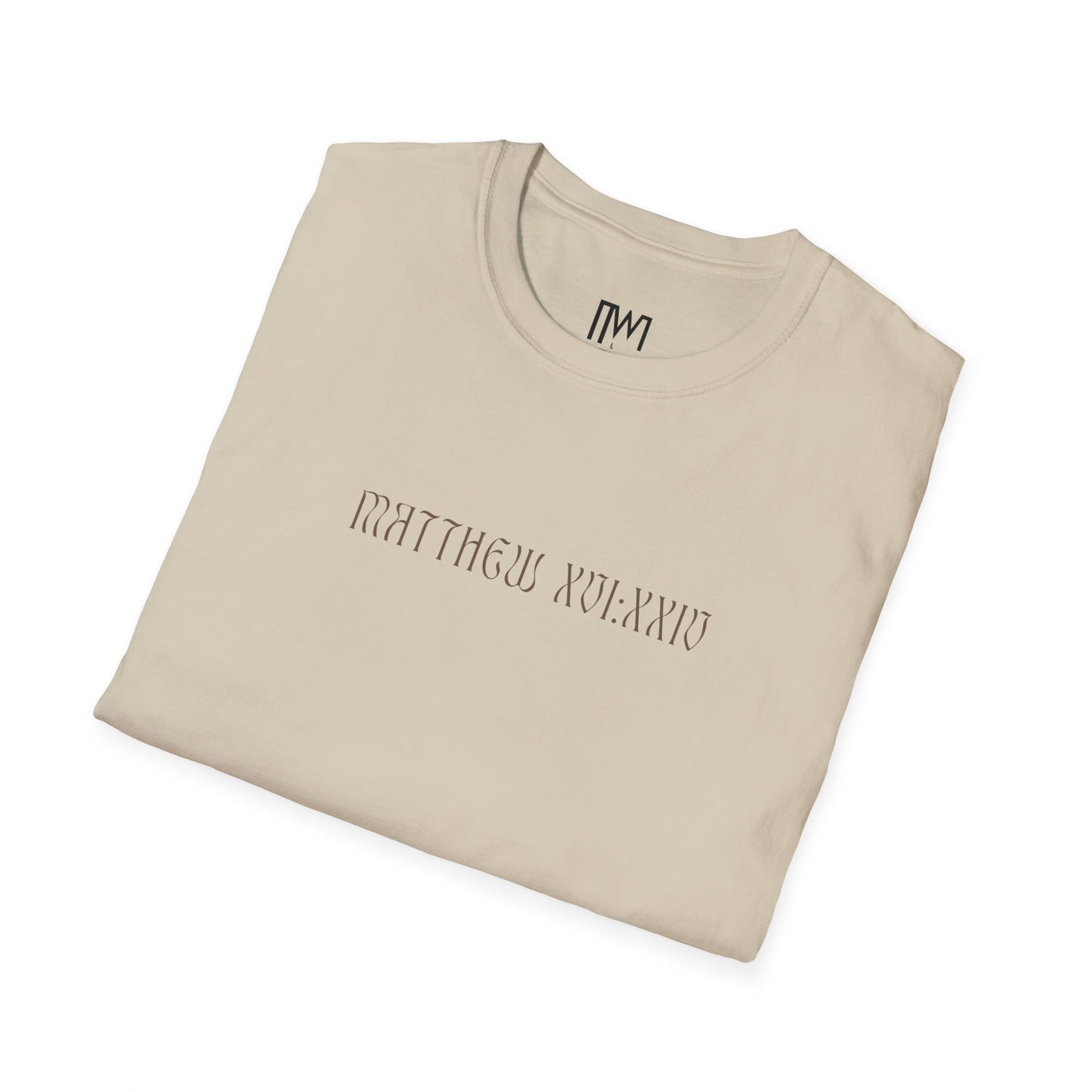 Matthew 16:24 (Matthew XVI:XXIV), Running Backed T-Shirt, Unisex Softstyle, Multiple Bright Colors, Christian Apparels