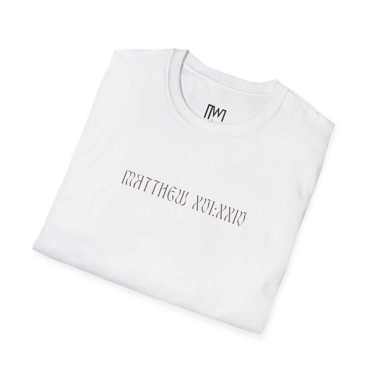 Matthew 16:24 (Matthew XVI:XXIV), Running Backed T-Shirt, Unisex Softstyle, Multiple Bright Colors, Christian Apparels