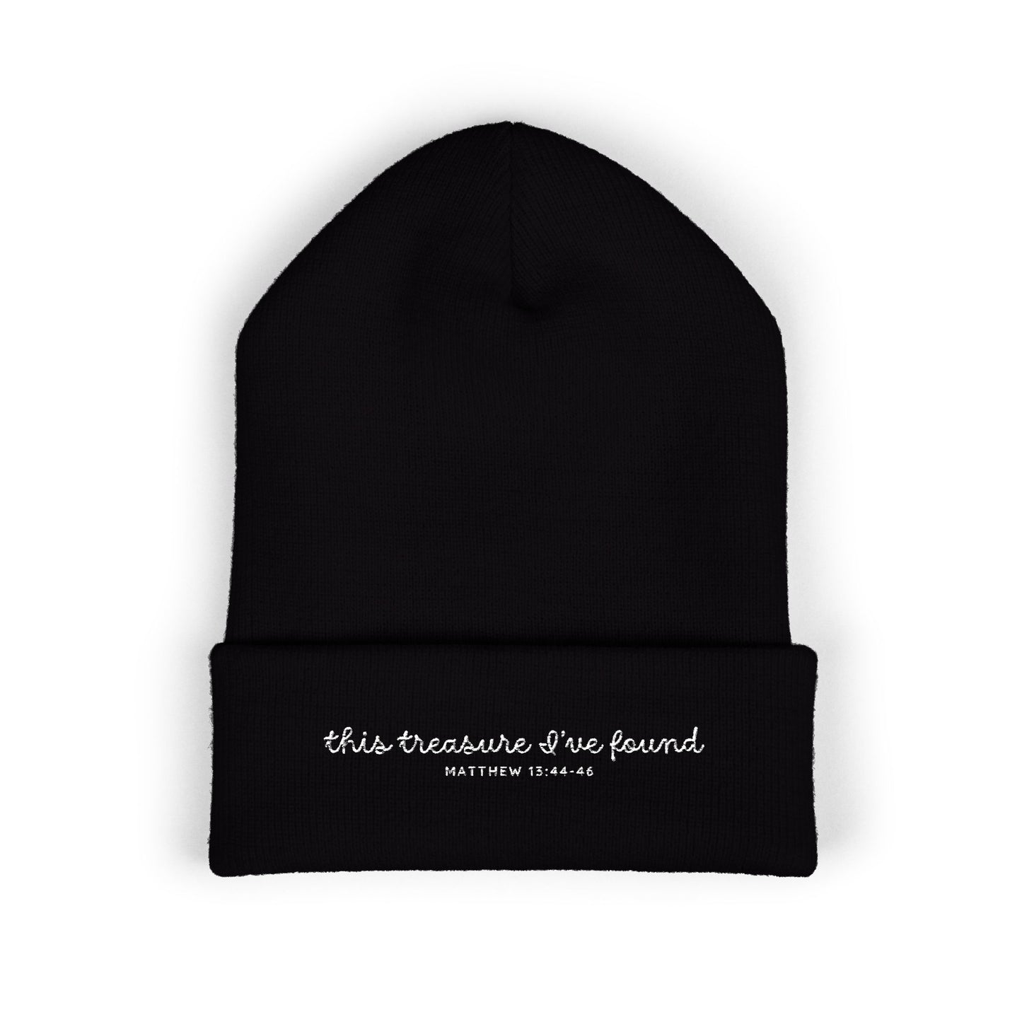 Black 'This treasure I've found' Holiday Winter Beanie | Cream Embroidery