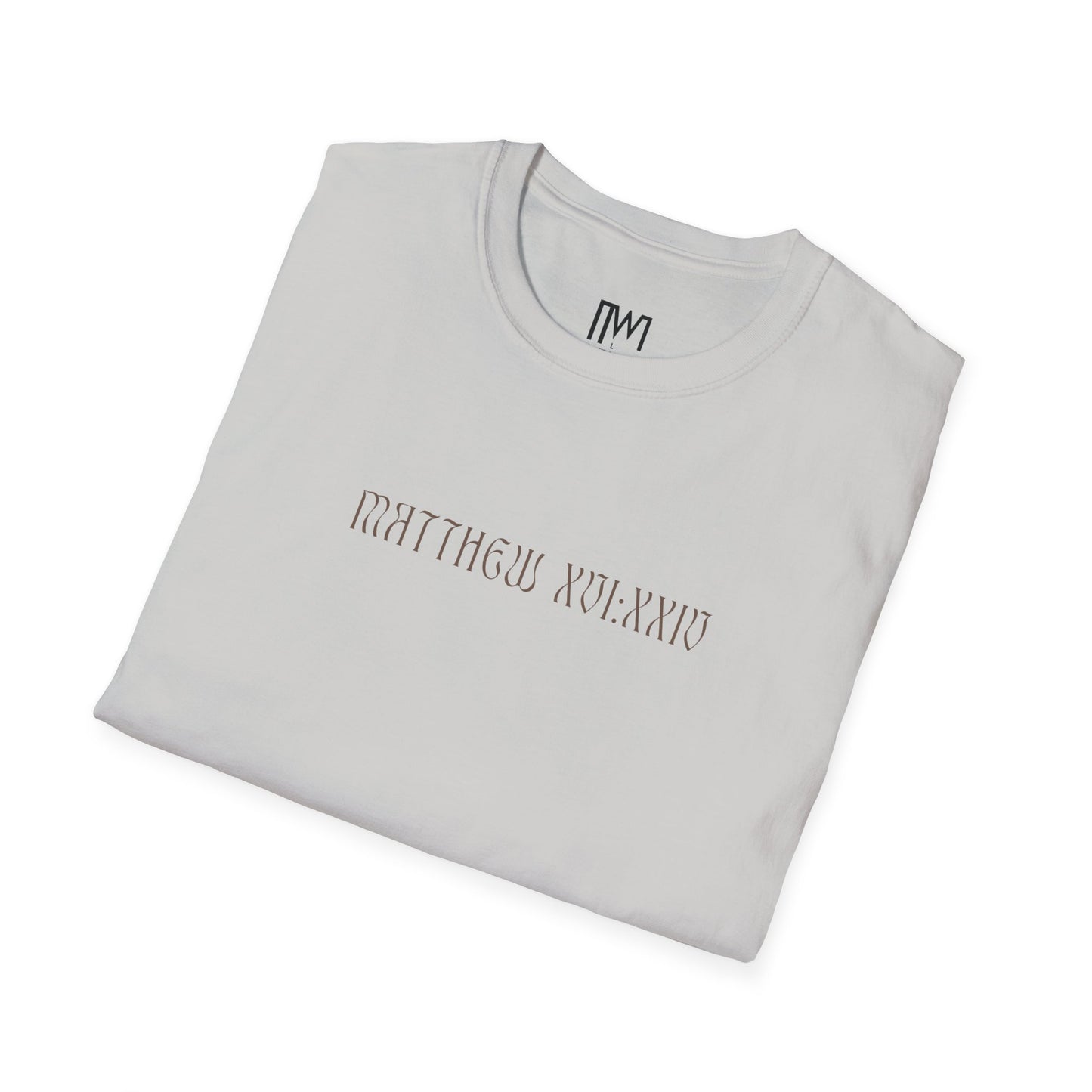 Matthew 16:24 (Matthew XVI:XXIV), Running Backed T-Shirt, Unisex Softstyle, Multiple Bright Colors, Christian Apparels