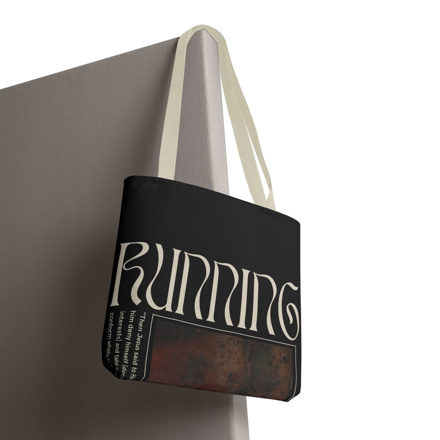 Matthew 16:24 Tote Bag, Inspirational Running Newsletter Style, Dark Color, Multiple Sizes, Accessories