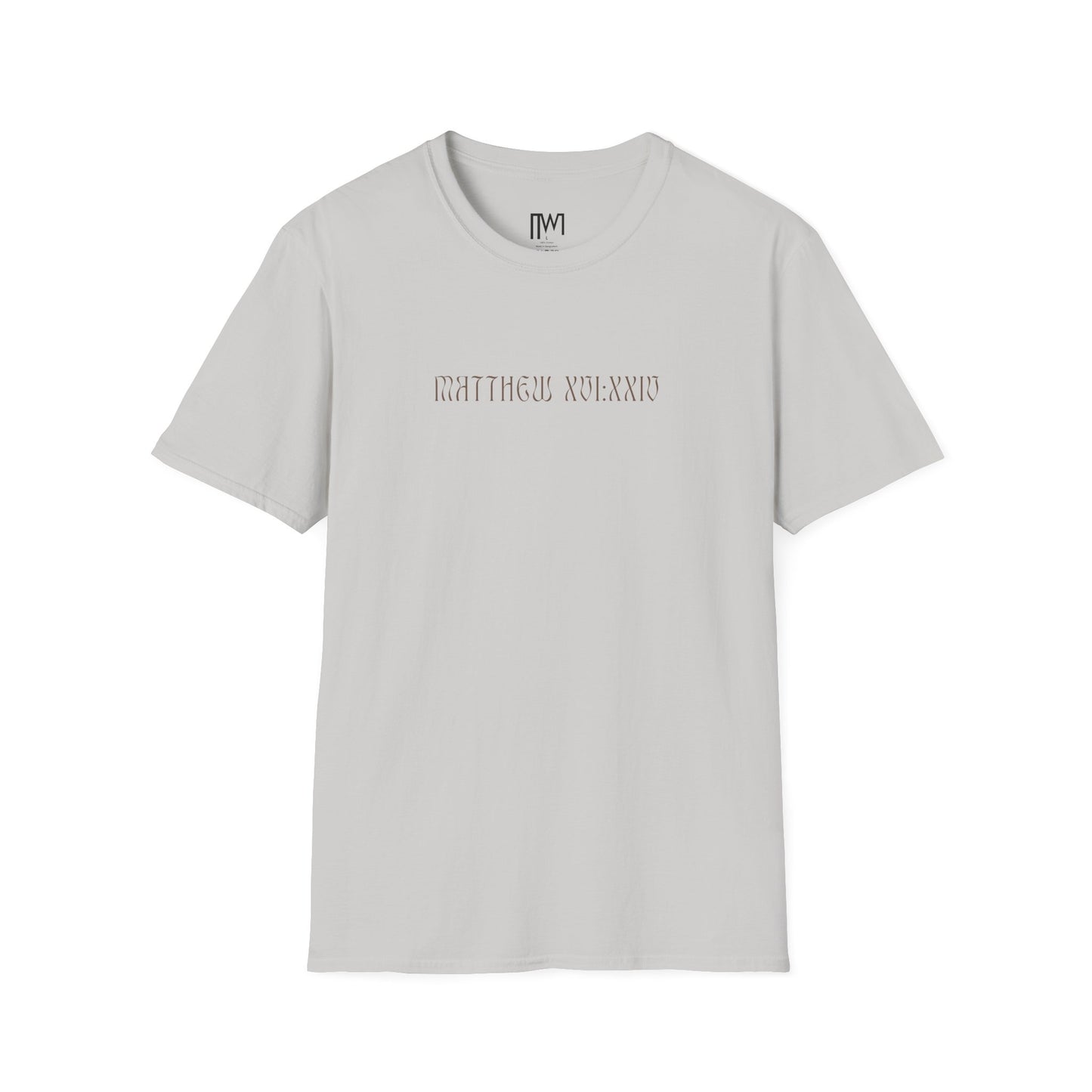 Matthew 16:24 (Matthew XVI:XXIV), Running Backed T-Shirt, Unisex Softstyle, Multiple Bright Colors, Christian Apparels