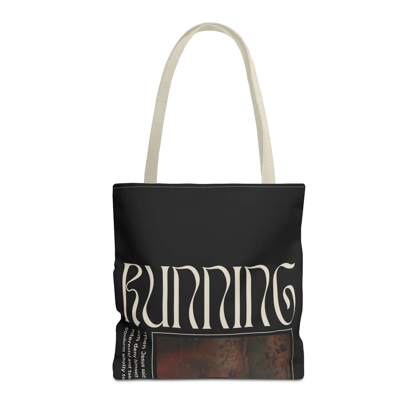 Matthew 16:24 Tote Bag, Inspirational Running Newsletter Style, Dark Color, Multiple Sizes, Accessories