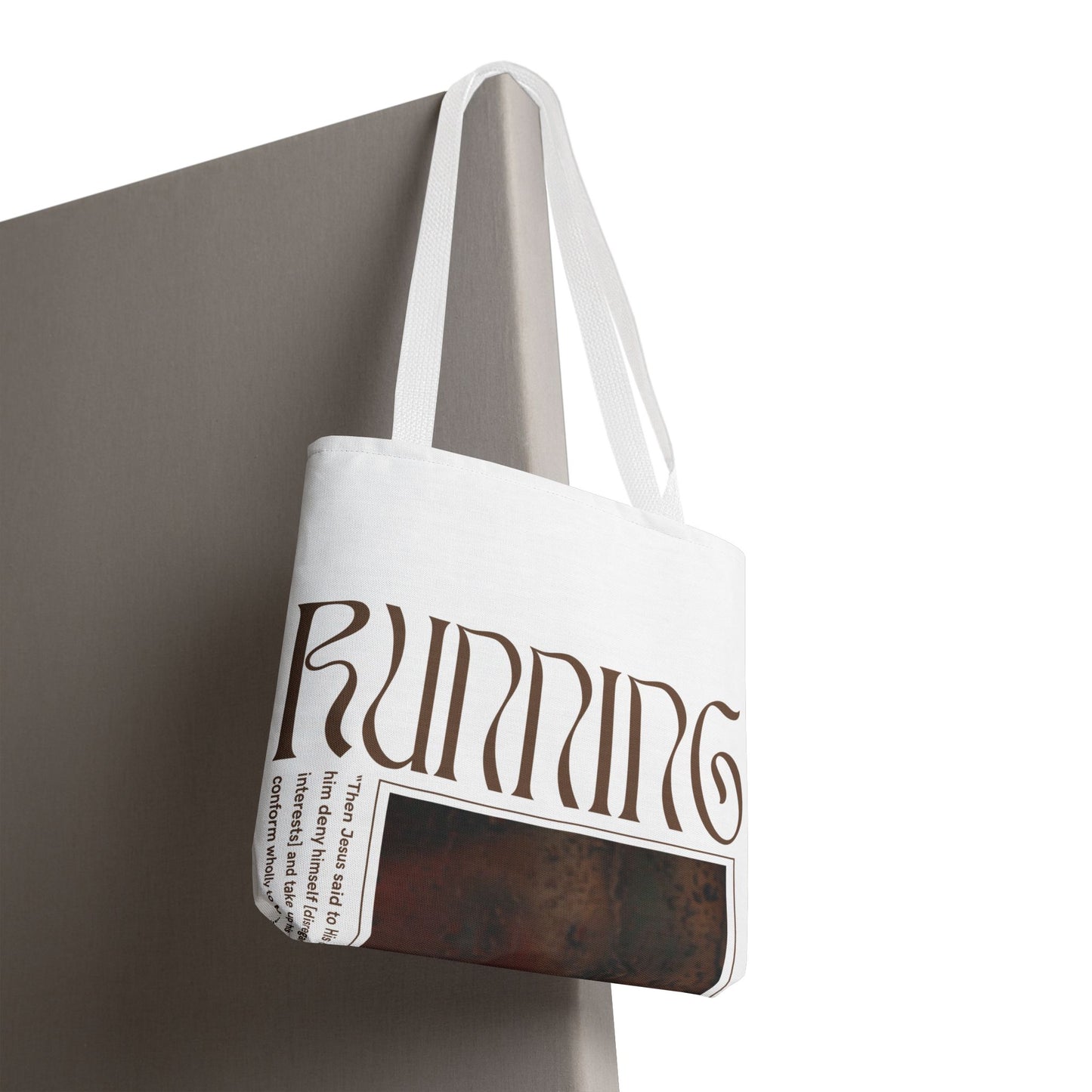 Matthew 16:24 Tote Bag, Inspirational Running Newsletter Style, Bright Color Handbag, Multiple Sizes, Accessory