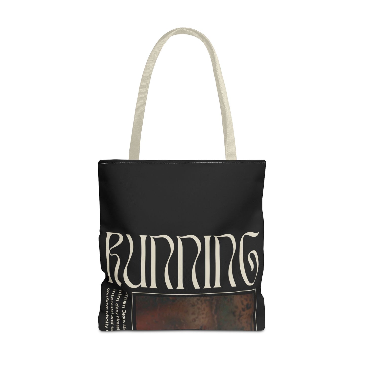 Matthew 16:24 Tote Bag, Inspirational Running Newsletter Style, Dark Color, Multiple Sizes, Accessories