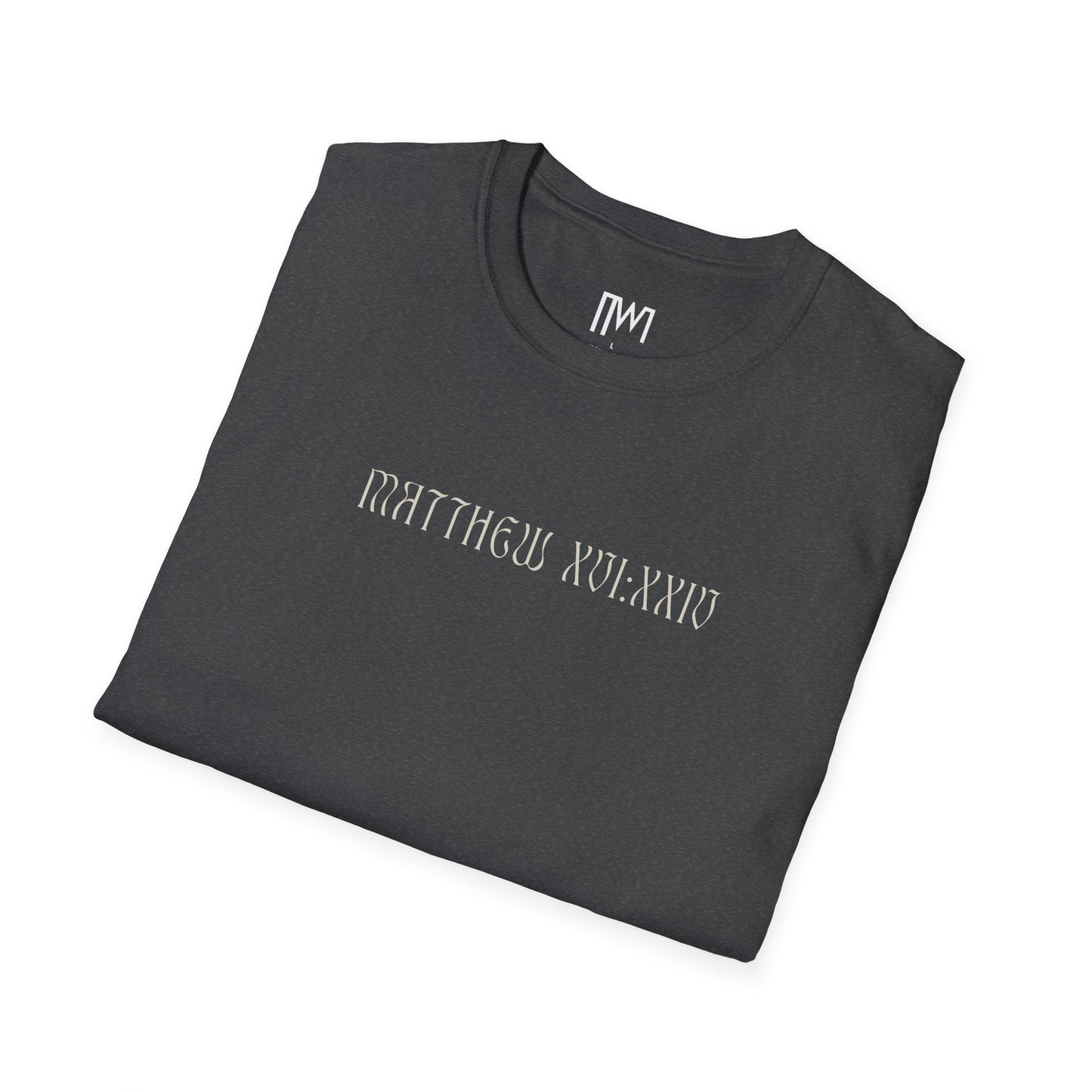 Matthew 16:24 (Matthew XVI:XXIV), Running Backed T-Shirt, Unisex Softstyle, Multiple Dark Colors, Christian Apparels