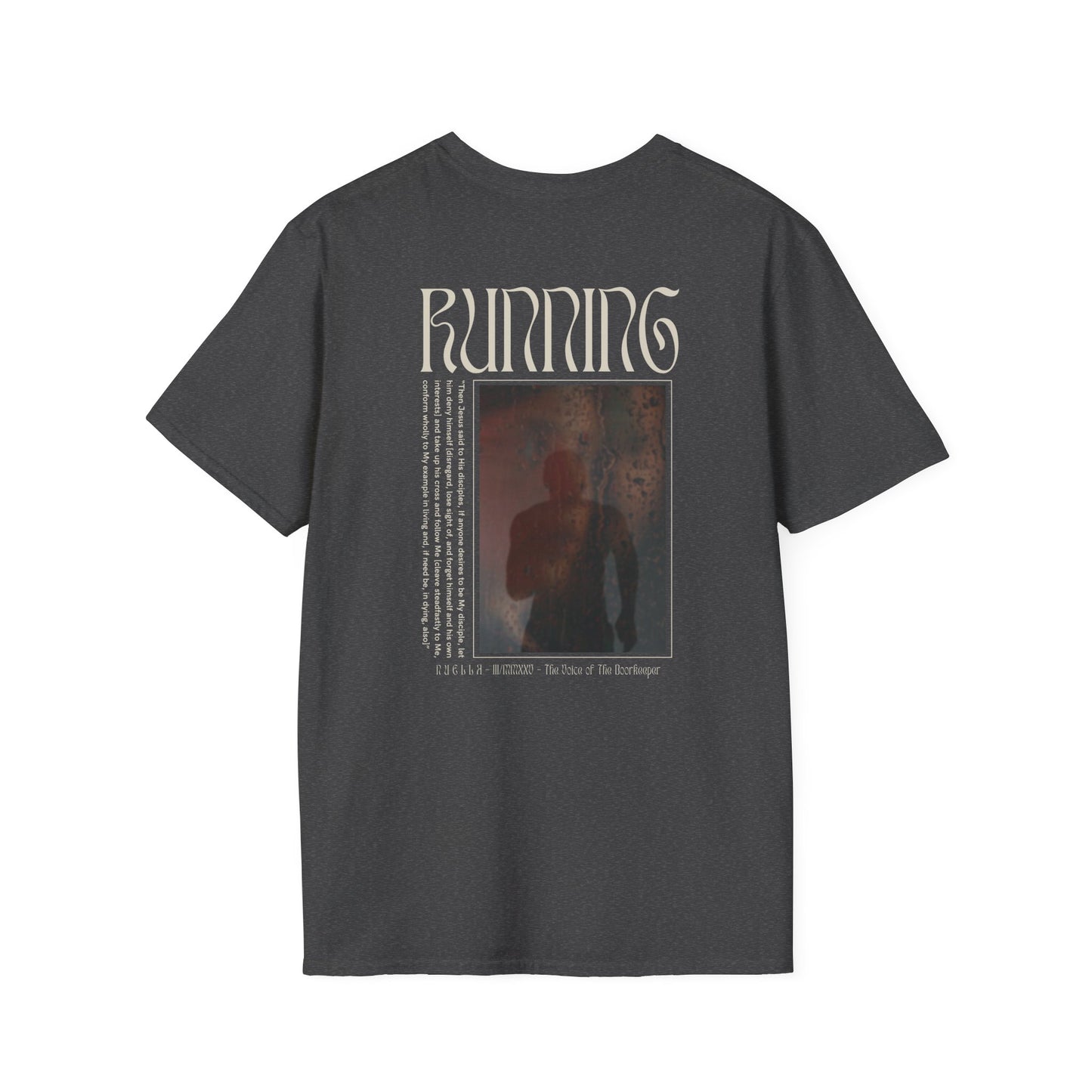 Matthew 16:24 (Matthew XVI:XXIV), Running Backed T-Shirt, Unisex Softstyle, Multiple Dark Colors, Christian Apparels