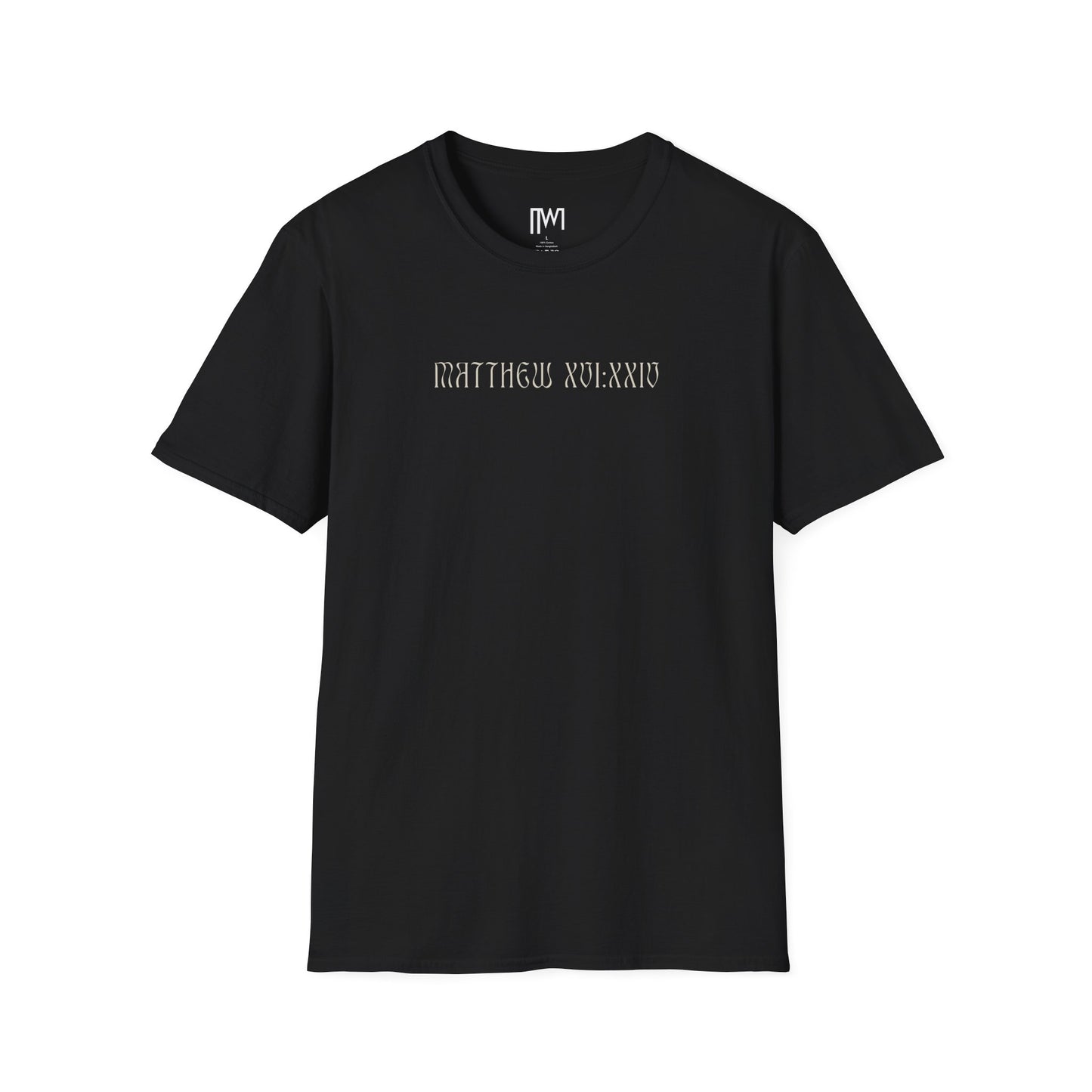 Matthew 16:24 (Matthew XVI:XXIV), Running Backed T-Shirt, Unisex Softstyle, Multiple Dark Colors, Christian Apparels