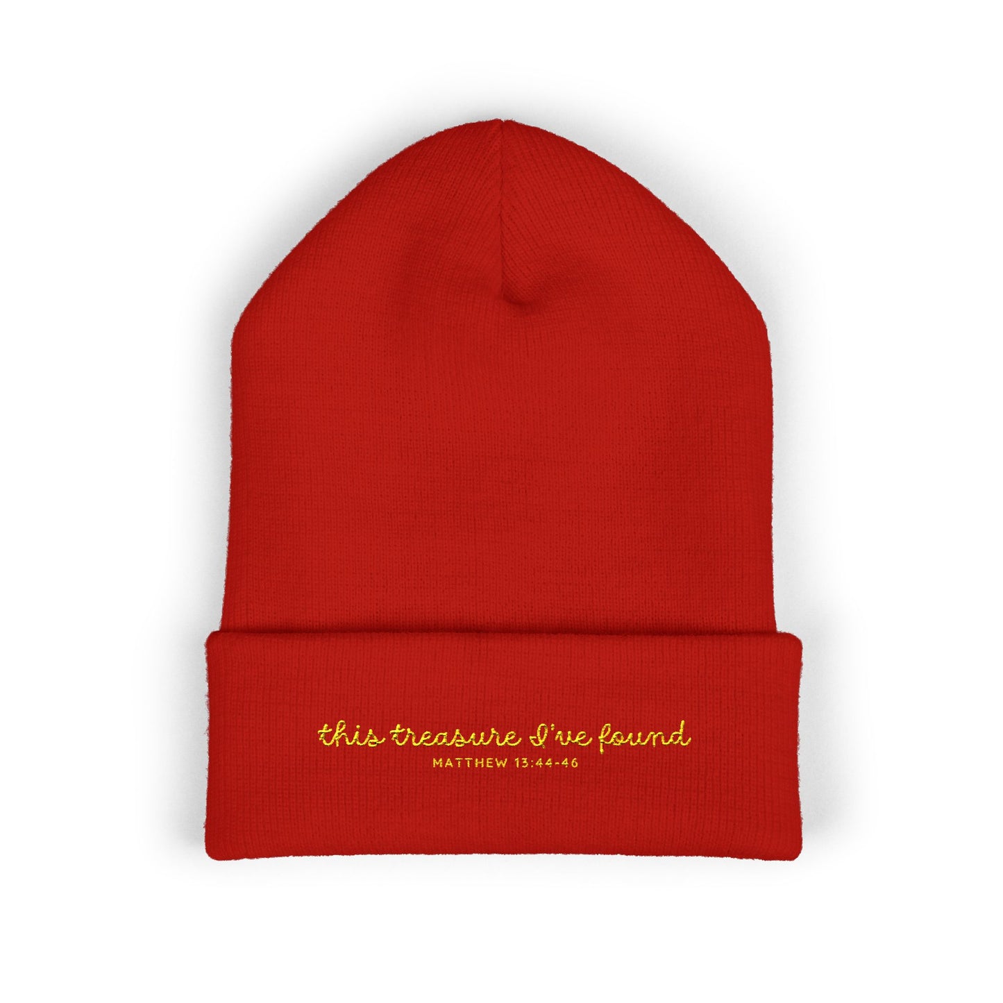 'This treasure I've found' Holiday Winter Beanie | Yellow Embroidery | Dark Colors