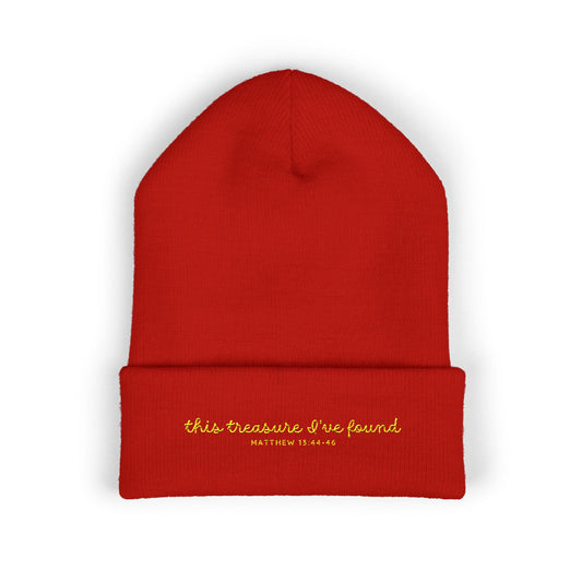'This treasure I've found' Holiday Winter Beanie | Yellow Embroidery | Dark Colors