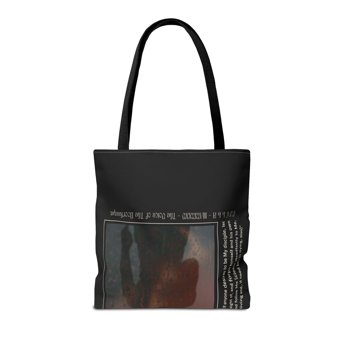 Matthew 16:24 Tote Bag, Inspirational Running Newsletter Style, Dark Color, Multiple Sizes, Accessories