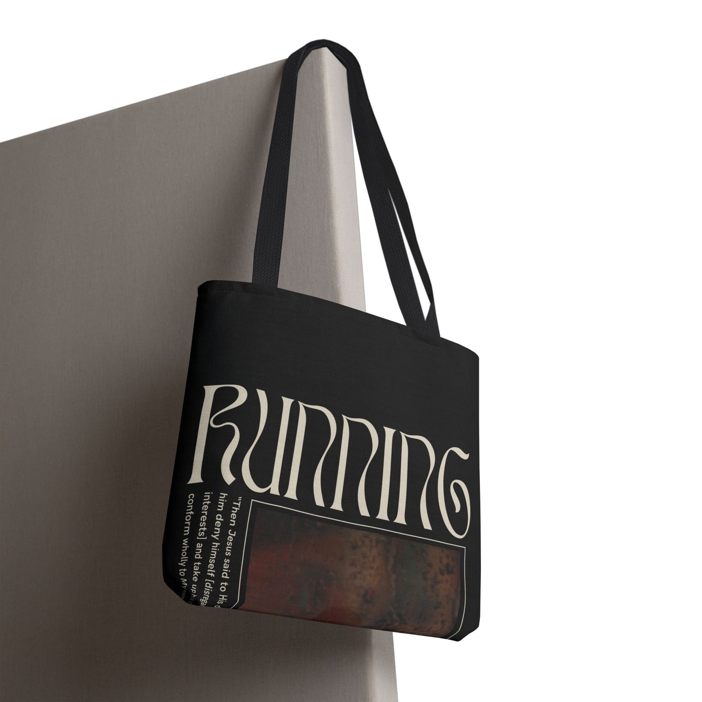 Matthew 16:24 Tote Bag, Inspirational Running Newsletter Style, Dark Color, Multiple Sizes, Accessories