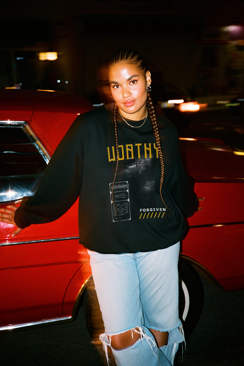 John 3:16 (John III:XVI), Worthy Forgiven Sweatshirt, Unisex Sweater, Dark Colors, Christian Streetwear