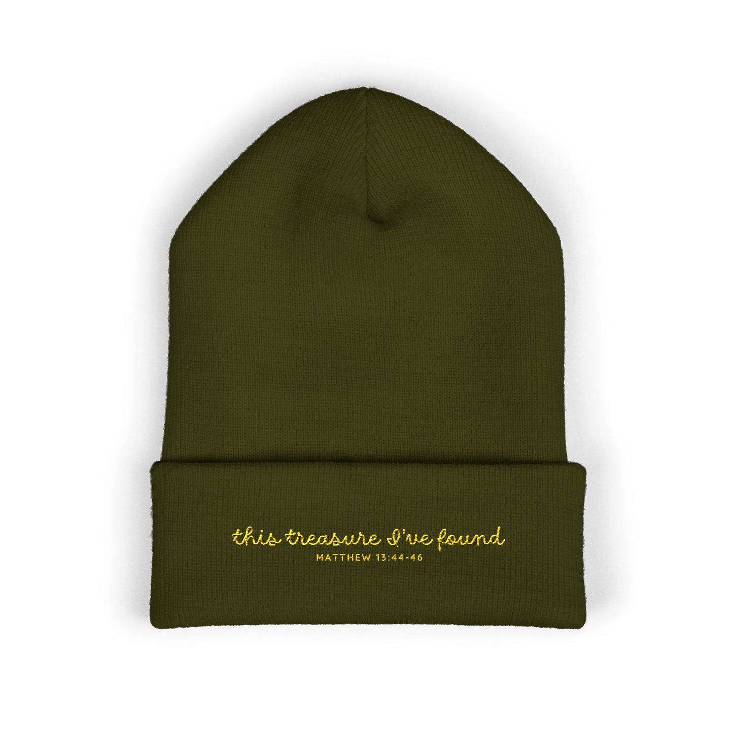 'This treasure I've found' Holiday Winter Beanie | Yellow Embroidery | Dark Colors