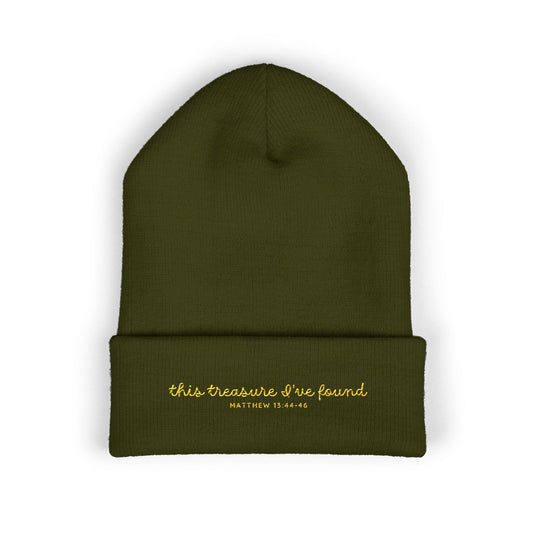 'This treasure I've found' Holiday Winter Beanie | Yellow Embroidery | Dark Colors
