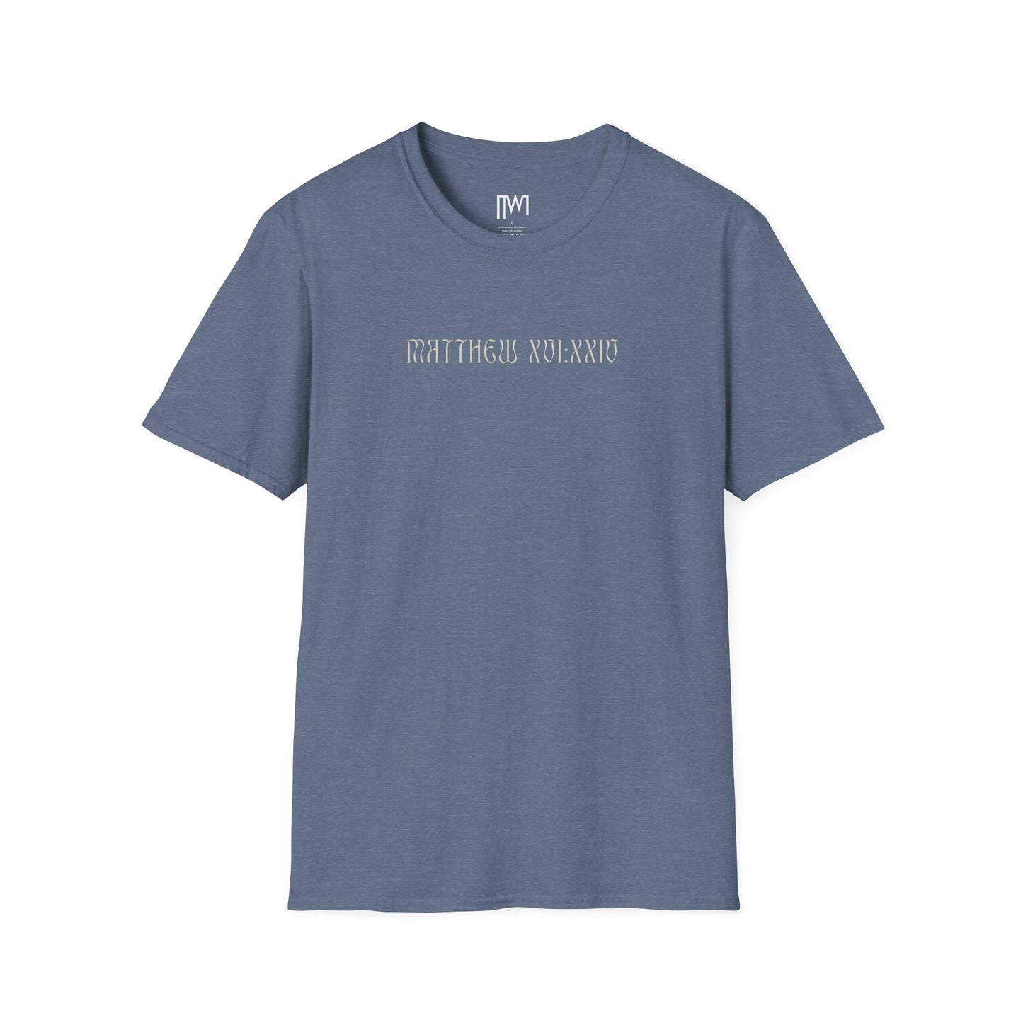 Matthew 16:24 (Matthew XVI:XXIV), Running Backed T-Shirt, Unisex Softstyle, Multiple Dark Colors, Christian Apparels
