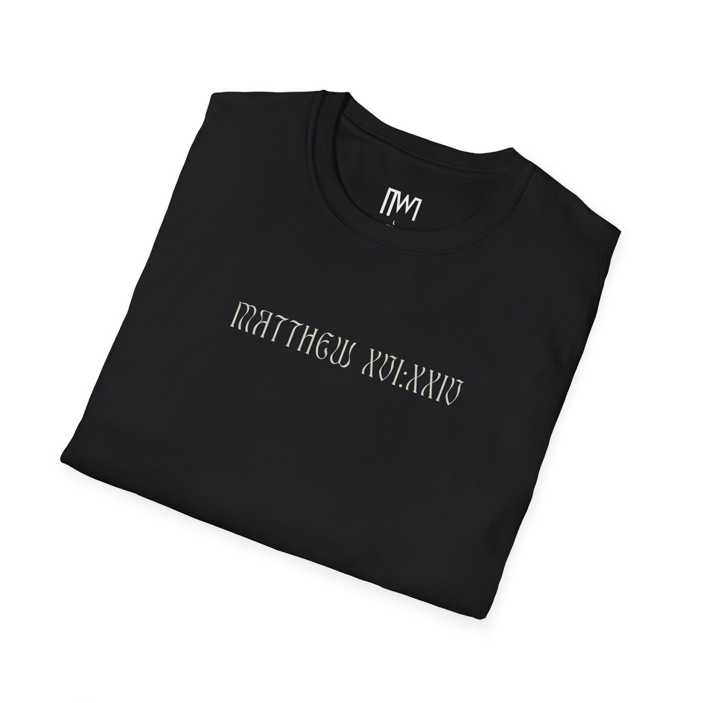 Matthew 16:24 (Matthew XVI:XXIV), Running Backed T-Shirt, Unisex Softstyle, Multiple Dark Colors, Christian Apparels