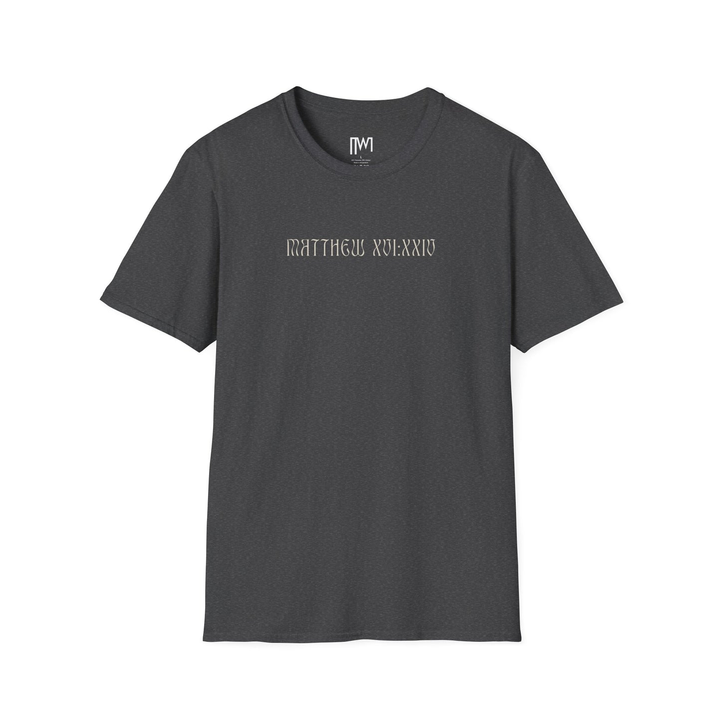 Matthew 16:24 (Matthew XVI:XXIV), Running Backed T-Shirt, Unisex Softstyle, Multiple Dark Colors, Christian Apparels