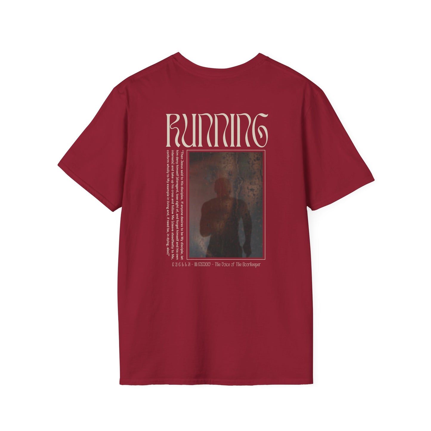 Matthew 16:24 (Matthew XVI:XXIV), Running Backed T-Shirt, Unisex Softstyle, Multiple Dark Colors, Christian Apparels