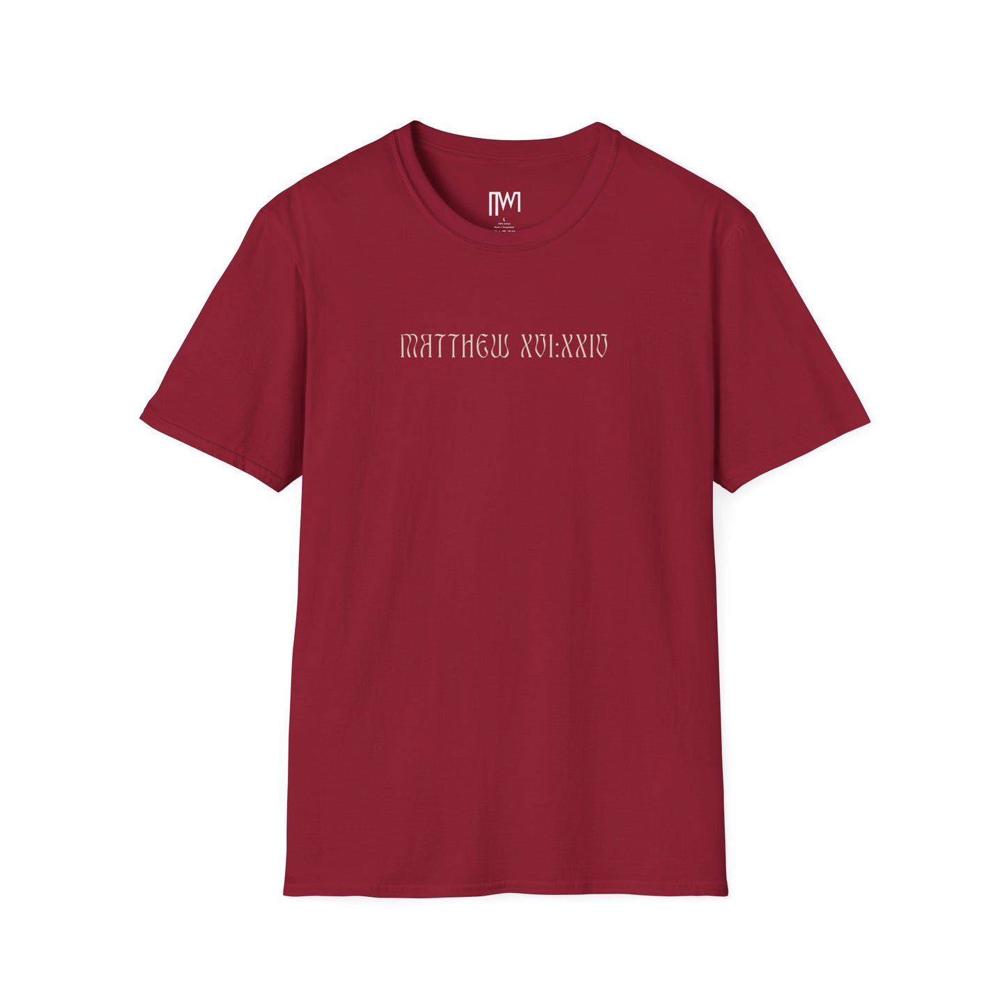Matthew 16:24 (Matthew XVI:XXIV), Running Backed T-Shirt, Unisex Softstyle, Multiple Dark Colors, Christian Apparels