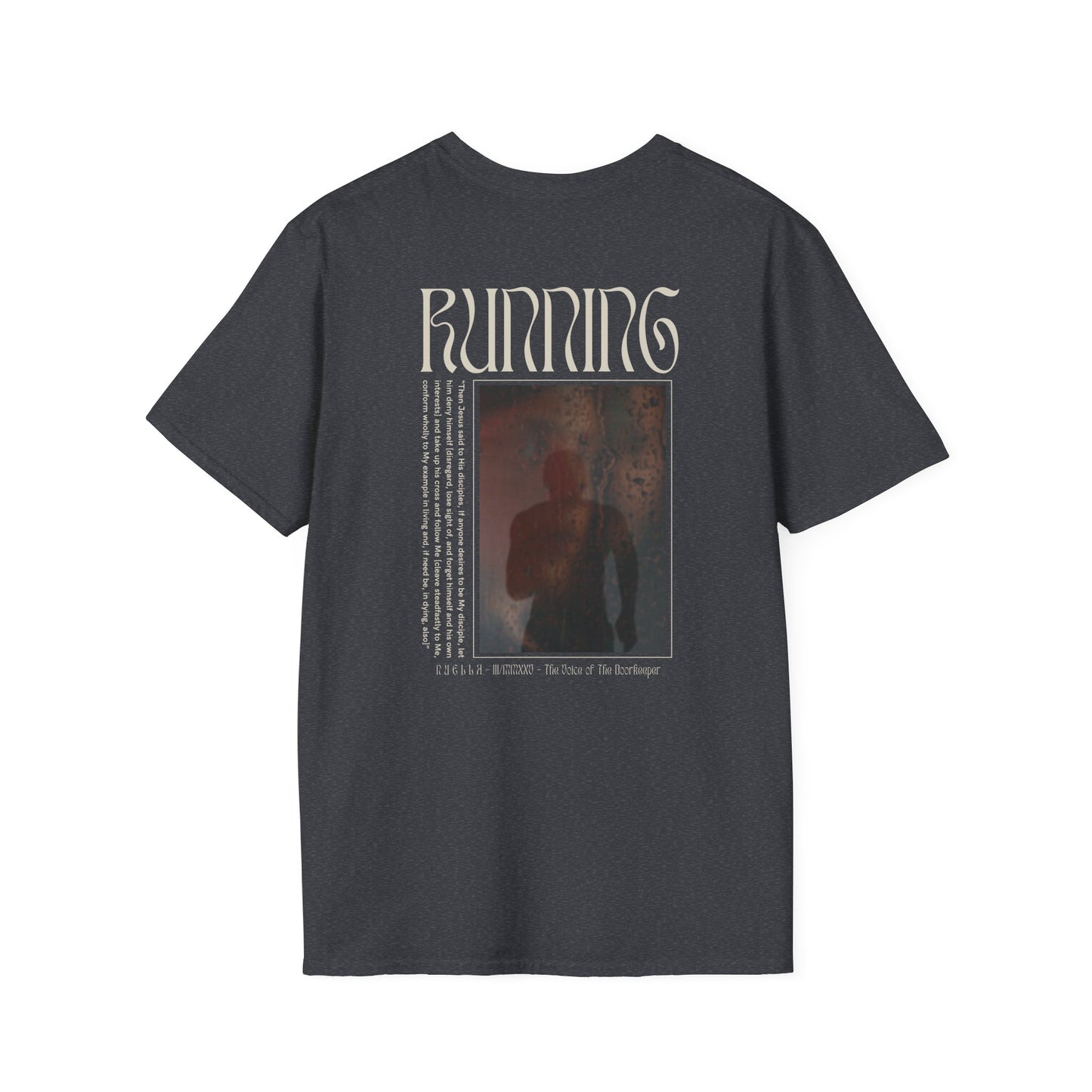 Matthew 16:24 (Matthew XVI:XXIV), Running Backed T-Shirt, Unisex Softstyle, Multiple Dark Colors, Christian Apparels