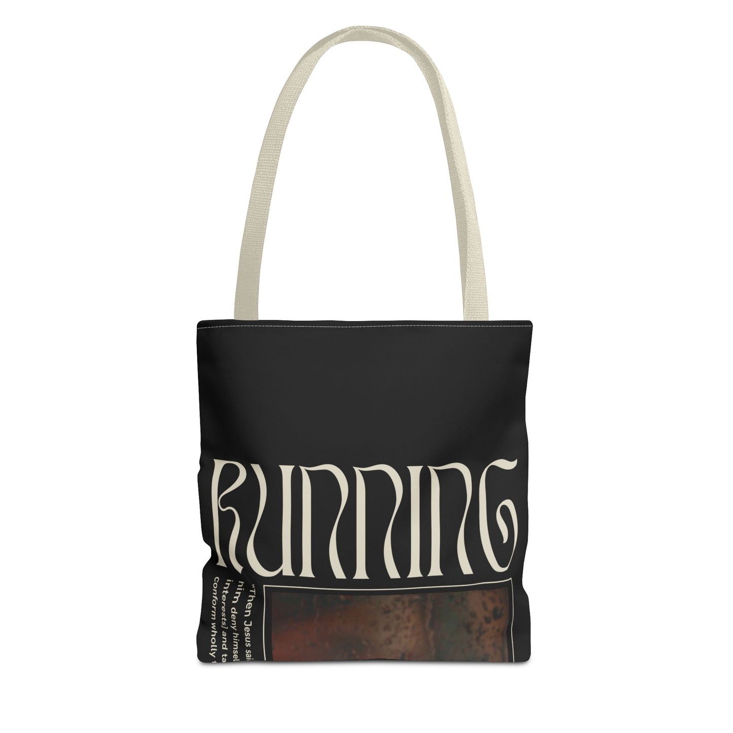 Matthew 16:24 Tote Bag, Inspirational Running Newsletter Style, Dark Color, Multiple Sizes, Accessories