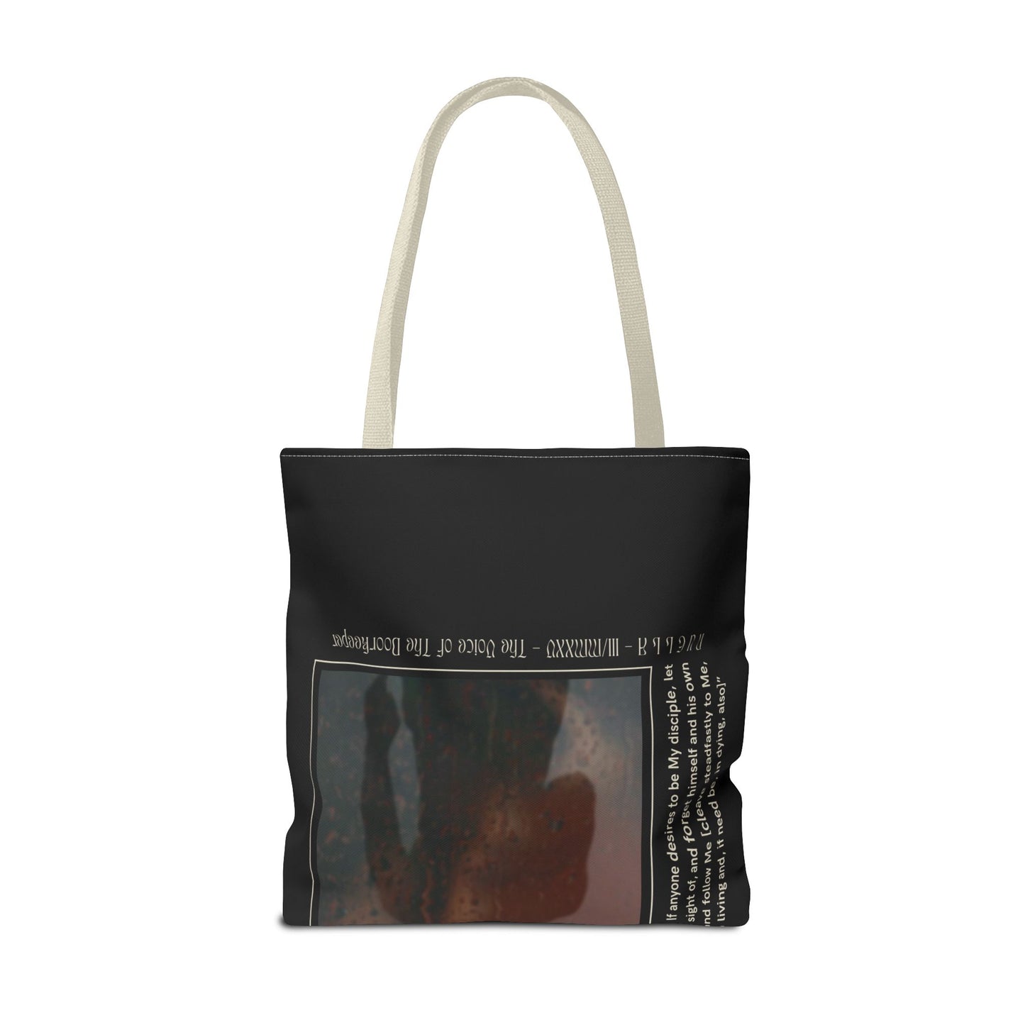 Matthew 16:24 Tote Bag, Inspirational Running Newsletter Style, Dark Color, Multiple Sizes, Accessories