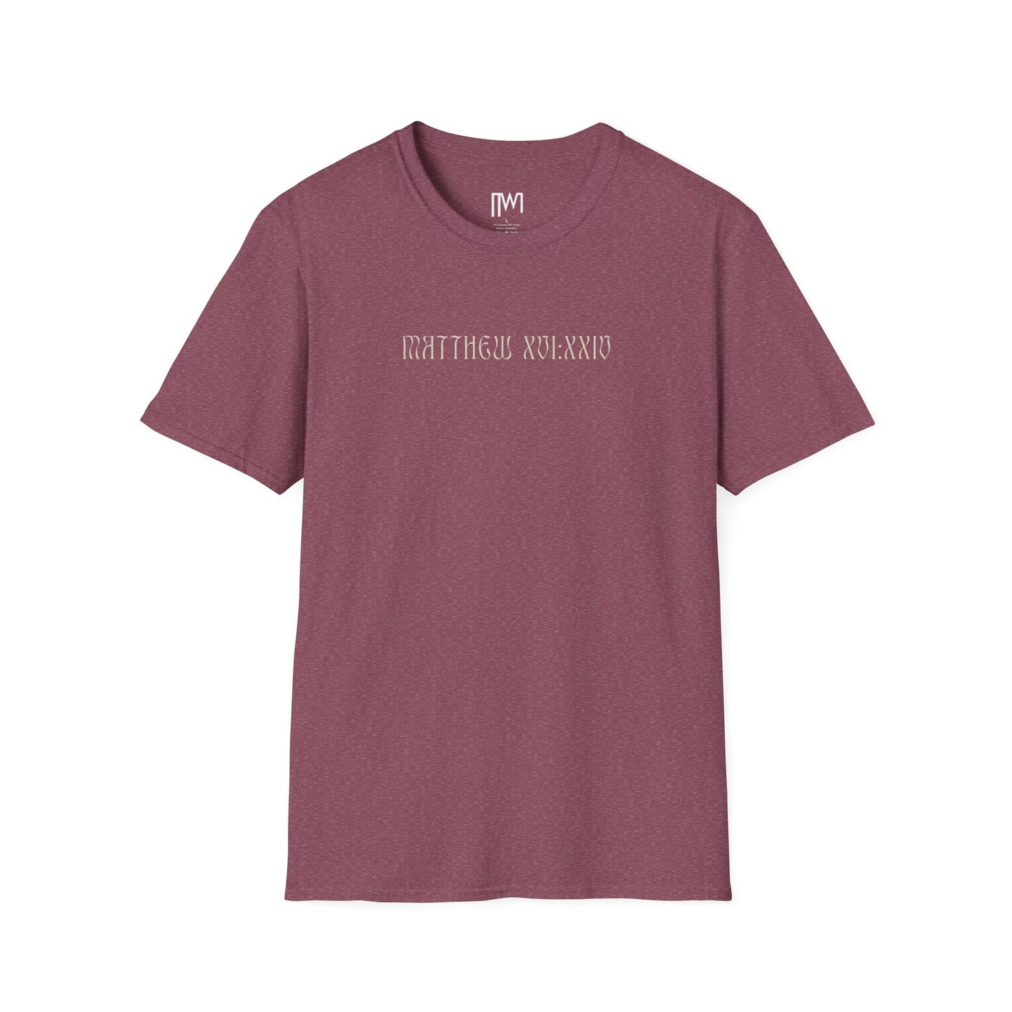 Matthew 16:24 (Matthew XVI:XXIV), Running Backed T-Shirt, Unisex Softstyle, Multiple Dark Colors, Christian Apparels