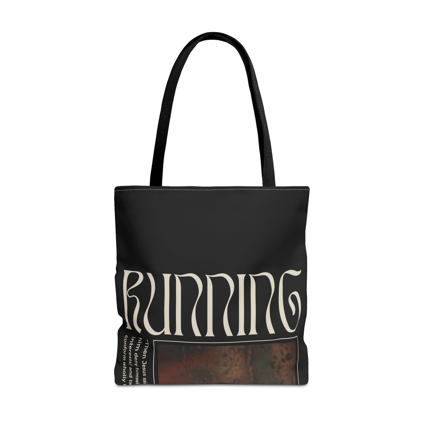Matthew 16:24 Tote Bag, Inspirational Running Newsletter Style, Dark Color, Multiple Sizes, Accessories