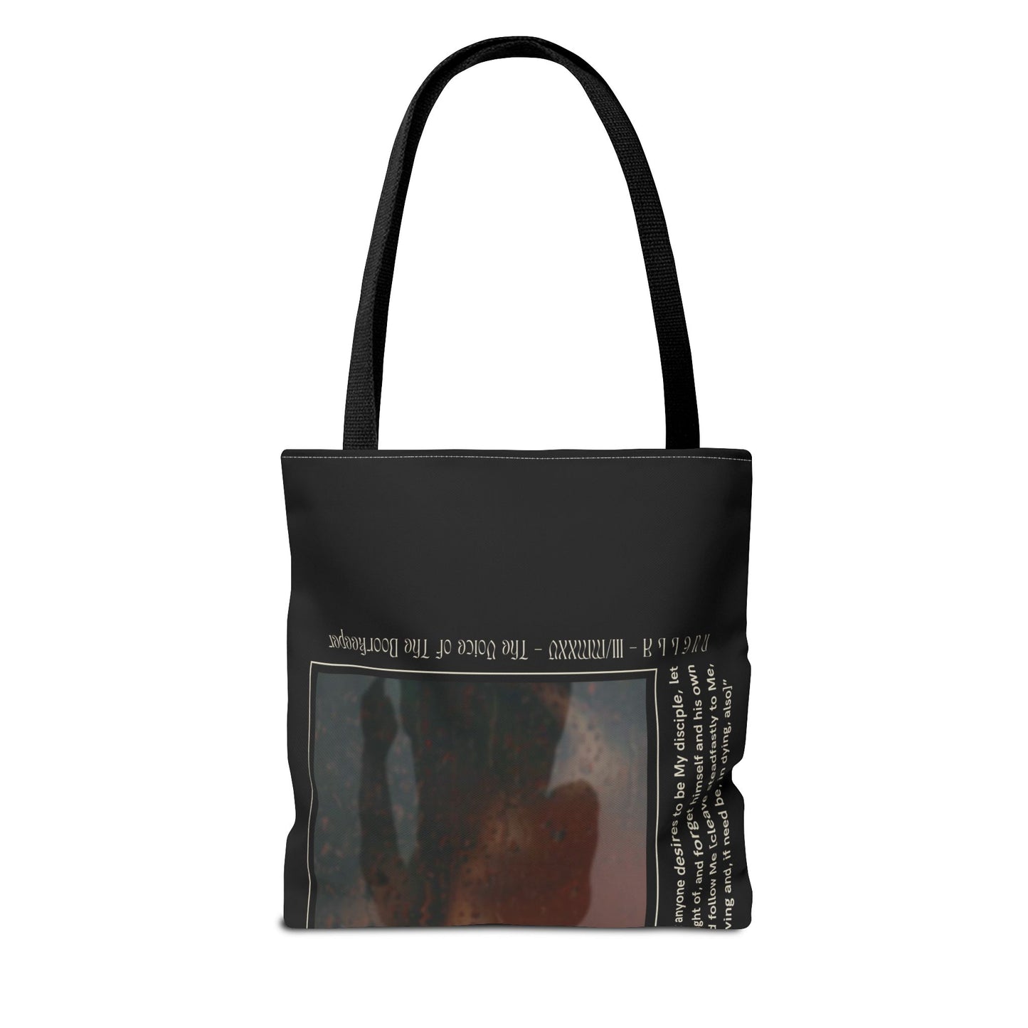 Matthew 16:24 Tote Bag, Inspirational Running Newsletter Style, Dark Color, Multiple Sizes, Accessories