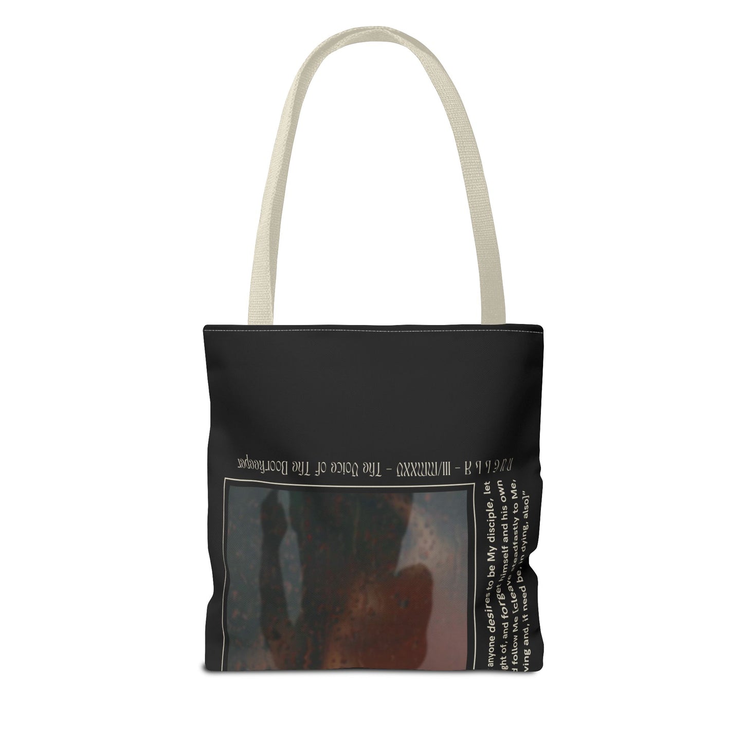 Matthew 16:24 Tote Bag, Inspirational Running Newsletter Style, Dark Color, Multiple Sizes, Accessories