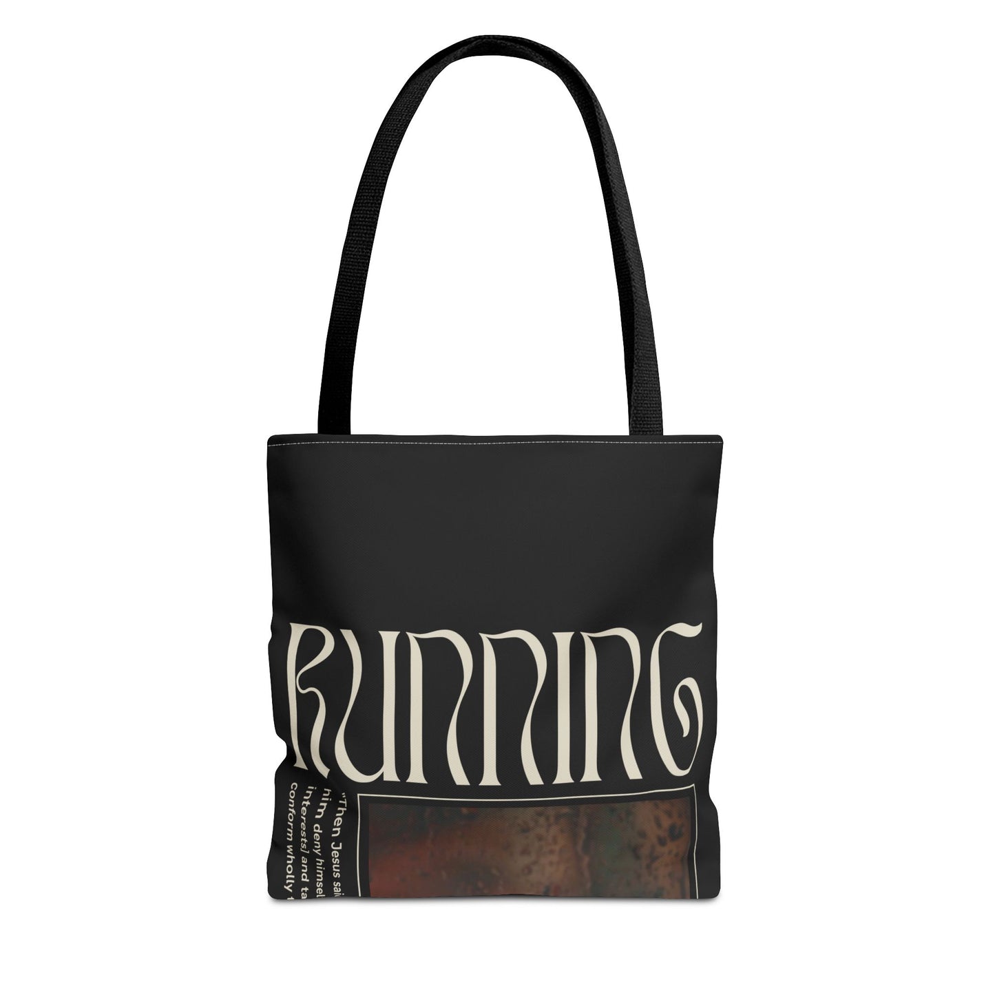 Matthew 16:24 Tote Bag, Inspirational Running Newsletter Style, Dark Color, Multiple Sizes, Accessories