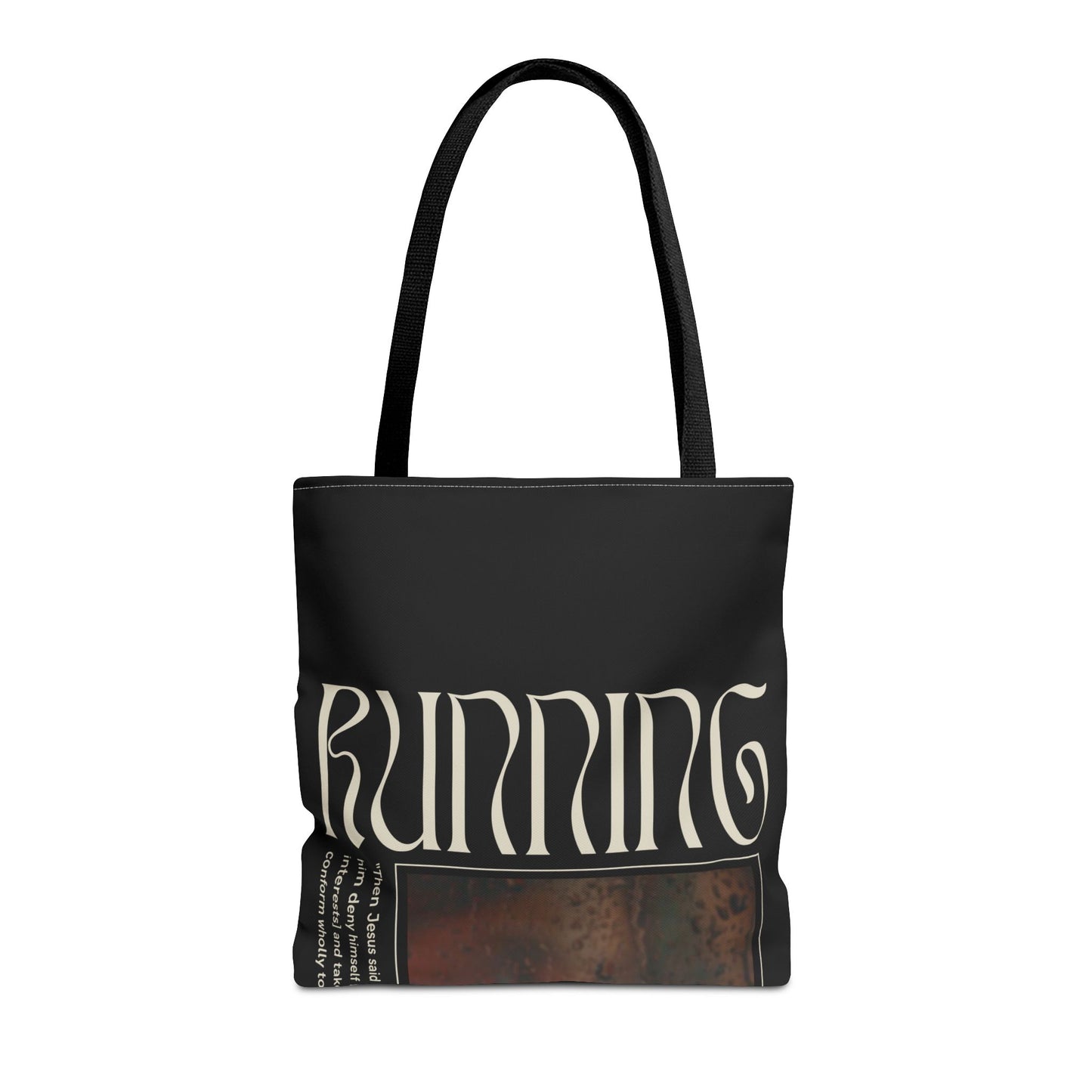 Matthew 16:24 Tote Bag, Inspirational Running Newsletter Style, Dark Color, Multiple Sizes, Accessories