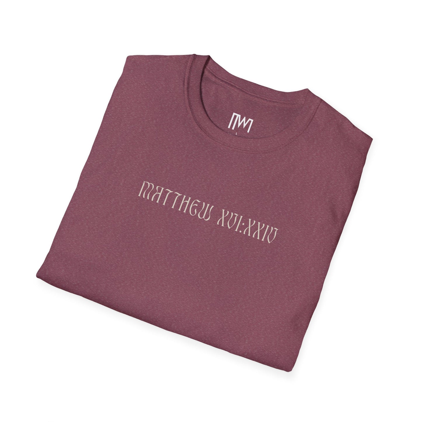 Matthew 16:24 (Matthew XVI:XXIV), Running Backed T-Shirt, Unisex Softstyle, Multiple Dark Colors, Christian Apparels