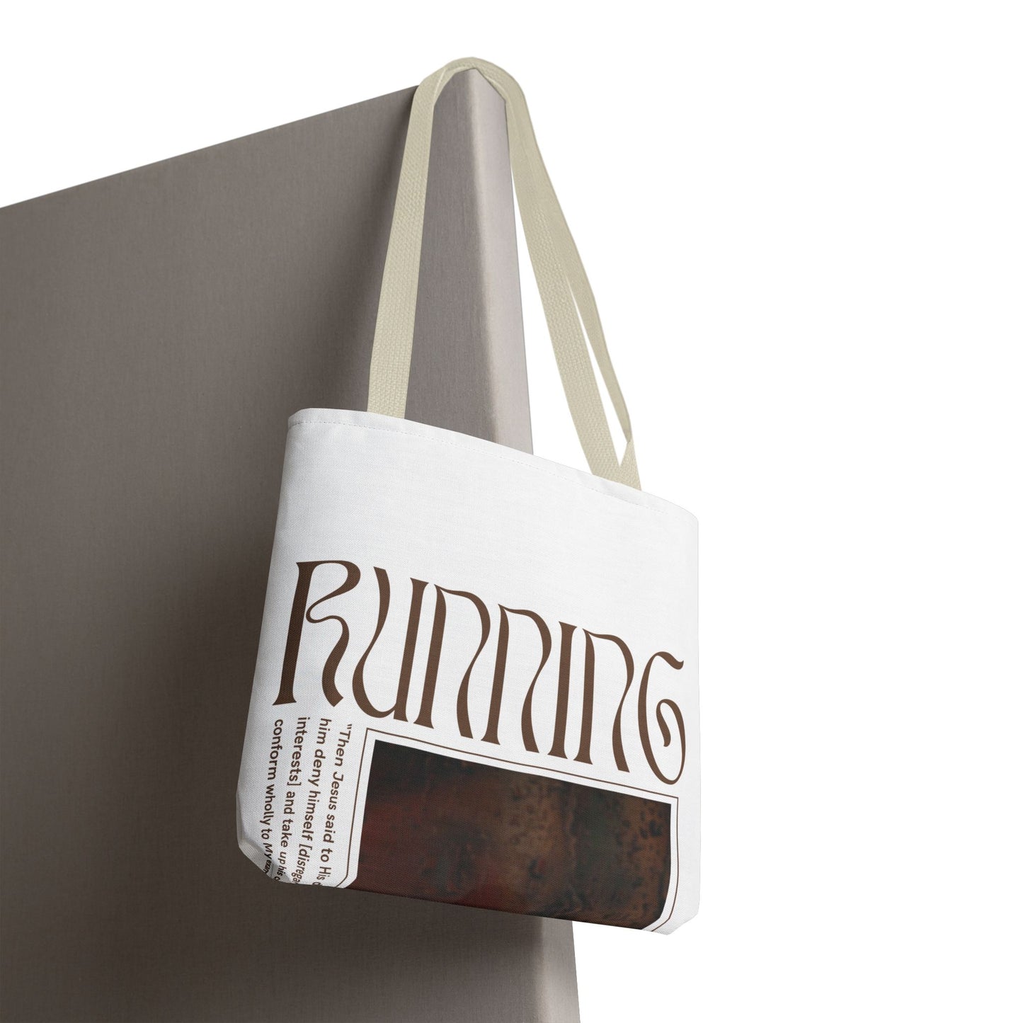 Matthew 16:24 Tote Bag, Inspirational Running Newsletter Style, Bright Color Handbag, Multiple Sizes, Accessory