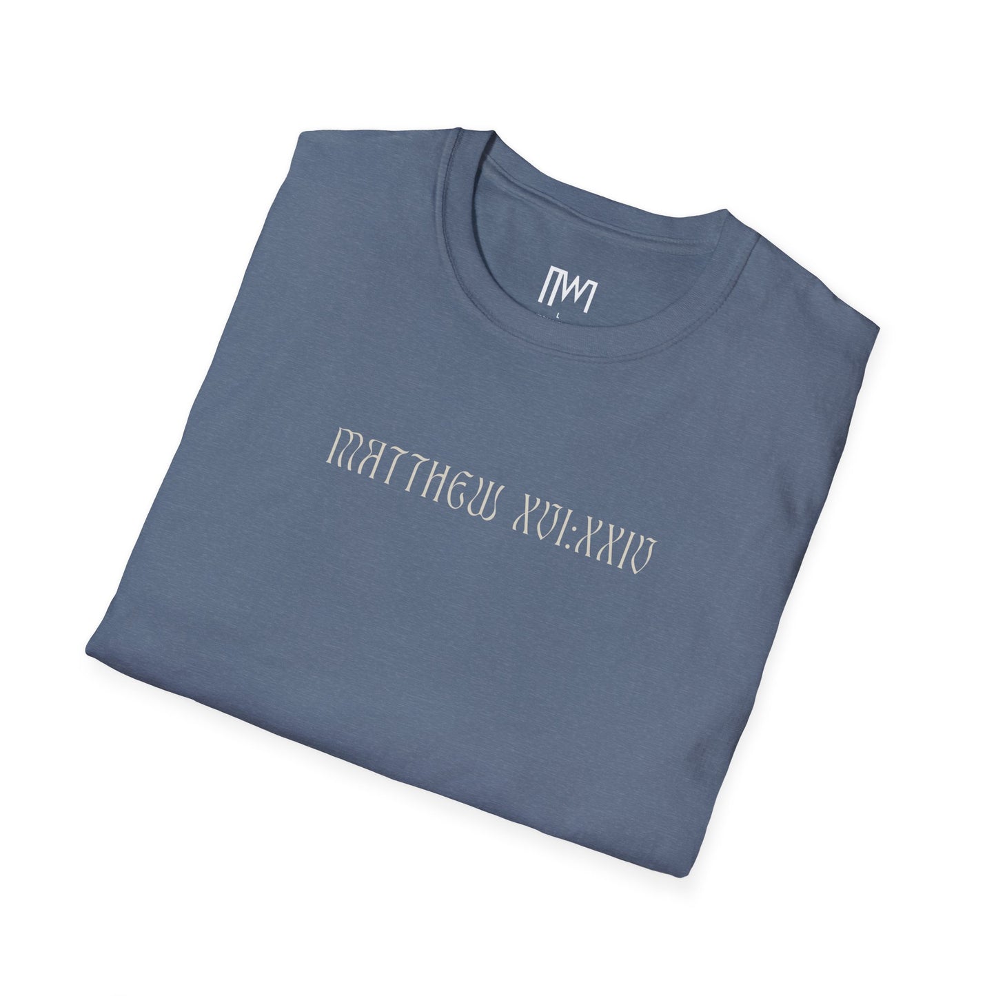 Matthew 16:24 (Matthew XVI:XXIV), Running Backed T-Shirt, Unisex Softstyle, Multiple Dark Colors, Christian Apparels
